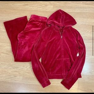 Express Red Y2K Hooded Velour Tracksuit Set Medium